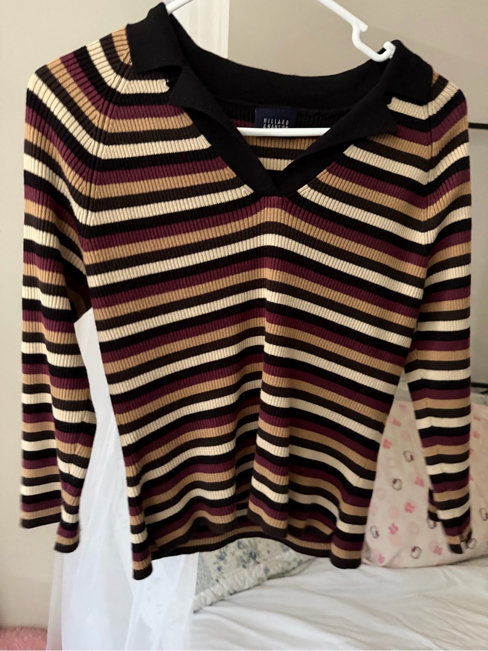Hillard & Hanson Striped V-Neck Collared Sweater in Black, Cream & Burgundy